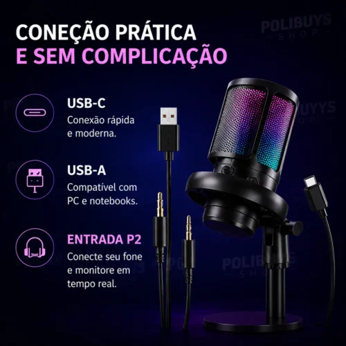046_f6_w Microfone Condensador Stream Gamer RGB