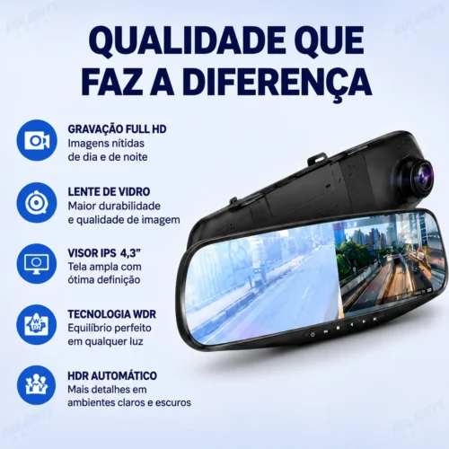 Espelho Retrovisor com Câmera Frontal e Ré