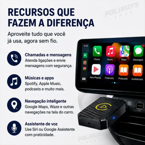 Conversor USB Android Auto e Apple CarPlay